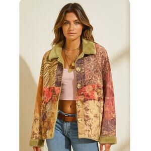 Vintage 90s Weavz  Boho Chic Floral Patchwork Faux Suede Faux Shearling Coat